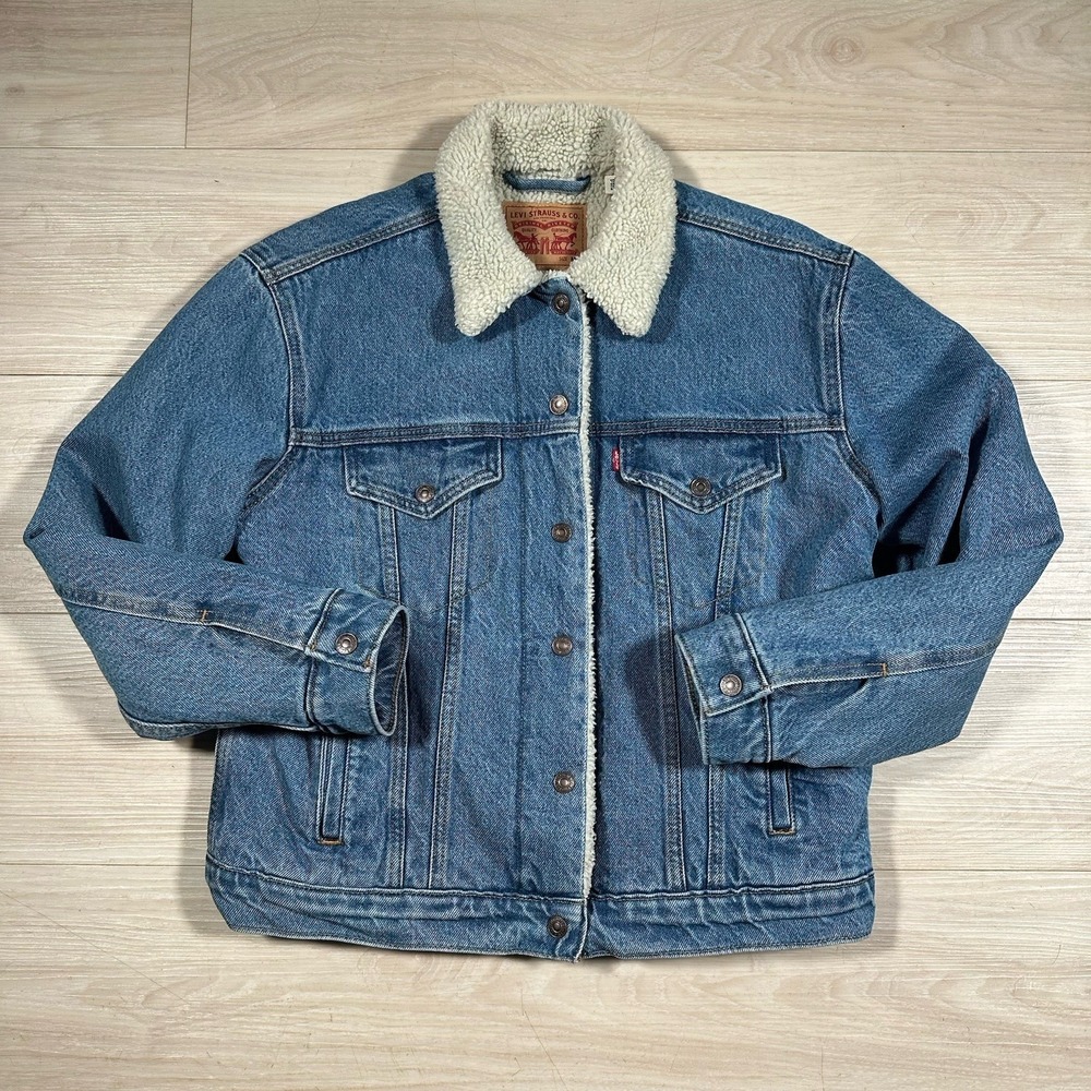 Levi's Jacket Mens MEDIUM Blue Denim Sherpa Lined Trucker Snap winter Size M